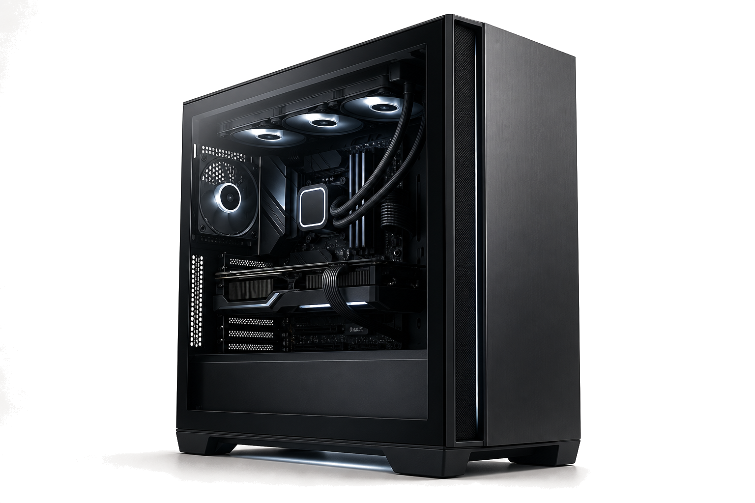 Moderner schwarzer Gaming-PC mit sichtbaren Komponenten