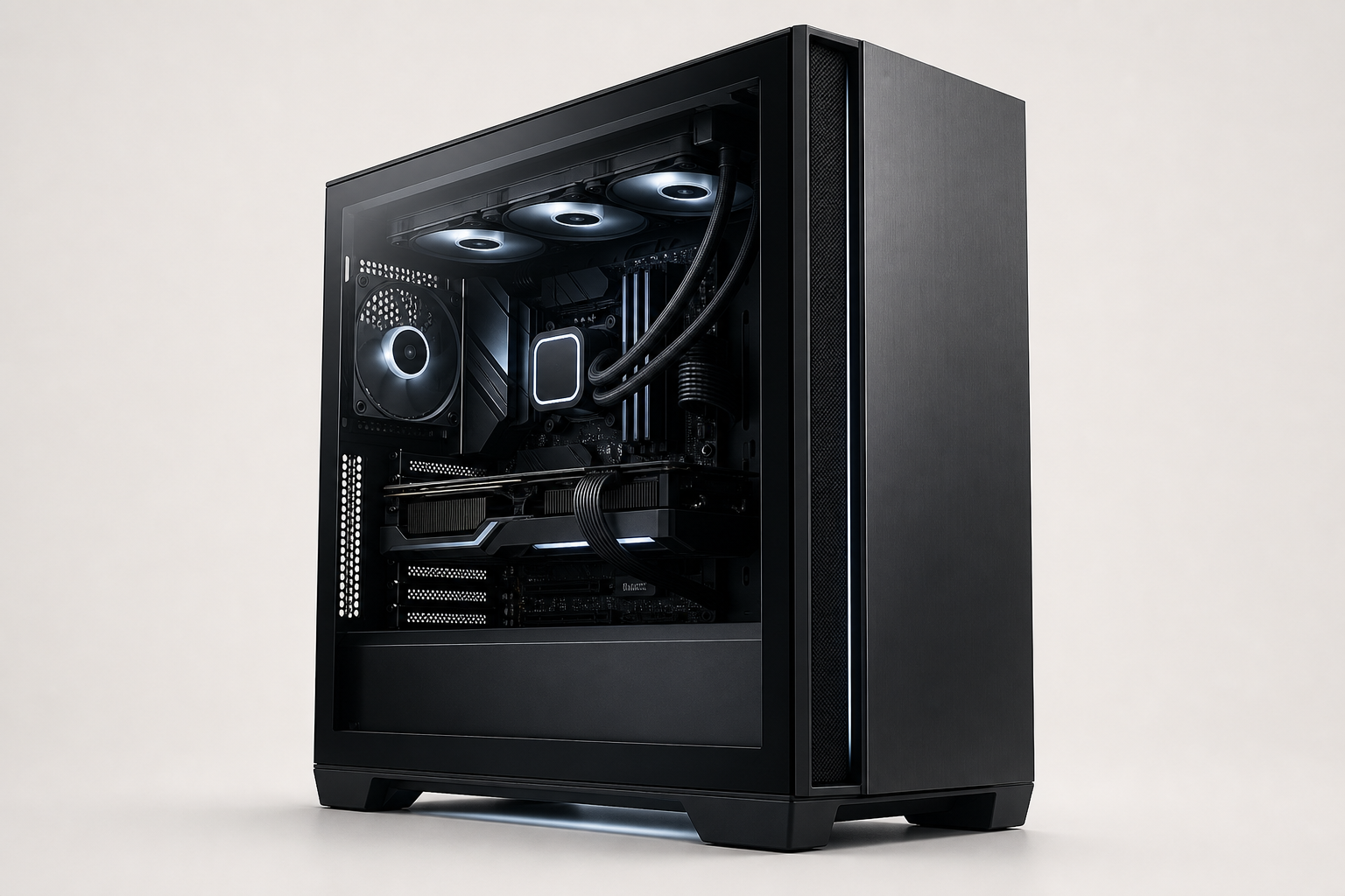 Moderner schwarzer Gaming-PC mit sichtbaren Komponenten